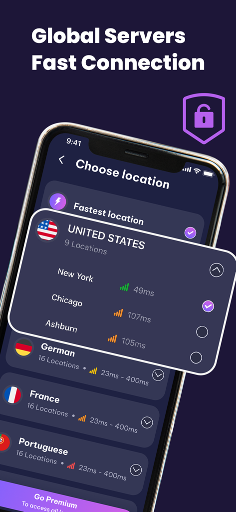 GO Fast VPN: Unlimited Proxy - GO Fast VPN mobile app interface showing global server locations and connection latency