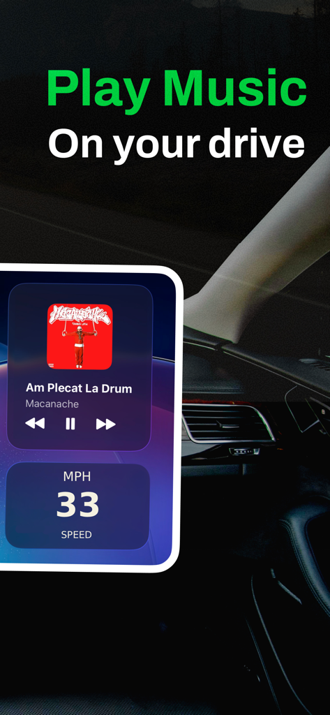 Aplicativo Car Play Connect mostrando um reprodutor de música e velocímetro digital em uma interface de painel de carro.