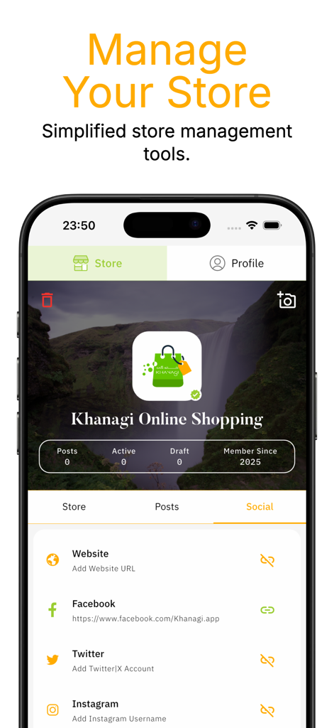 Khanagi - Khanagi mobile App-Oberfläche zur Verwaltung des Store-Profils und der Social-Media-Links.