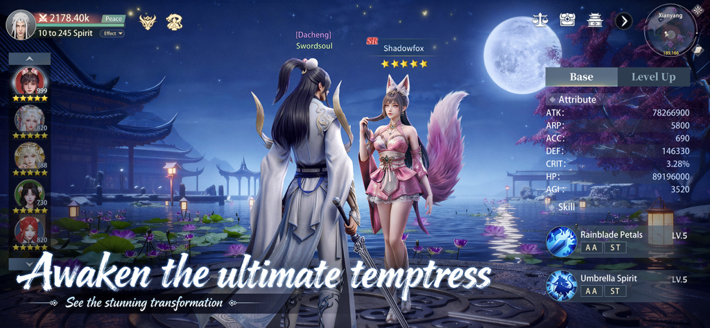 A character and fox-eared familiar standing by a lake under a full moon in the Eternal Sword Pact attribute menu