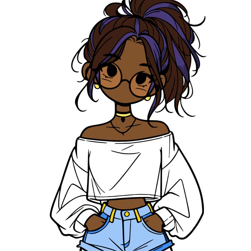 girl with a messy ponytail glasses a baggy crop top and jean shorts