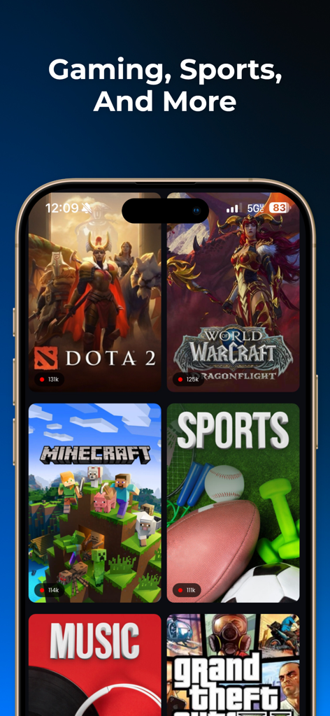 WhosLive: Live Streaming - モバイルデバイスでゲーム、スポーツ、音楽のカテゴリを表示するWhosLiveアプリのスクリーンショット