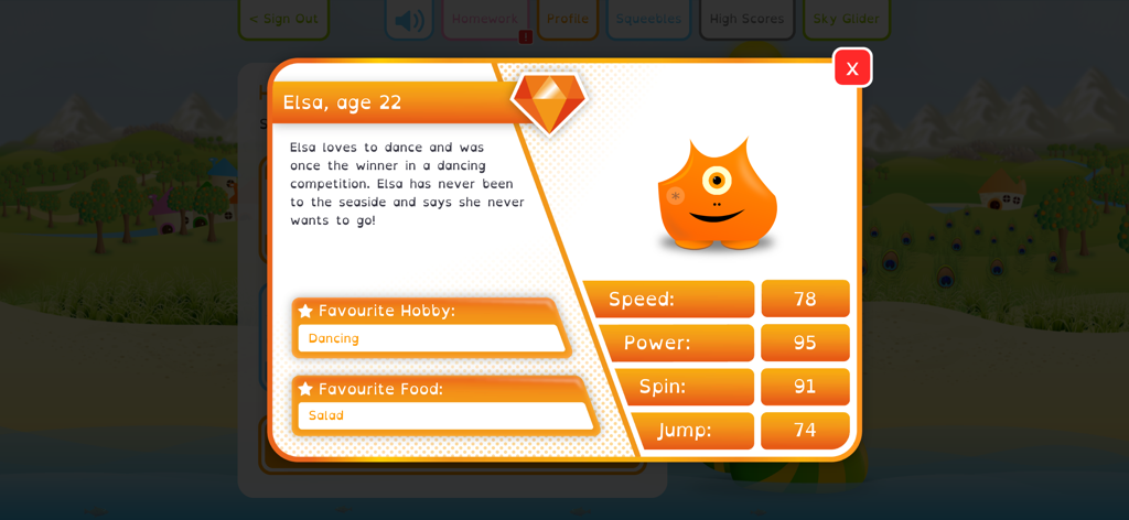 Squeebles Spelling Connect - A character profile card for Elsa the Squeeble featuring her stats and favorite hobby