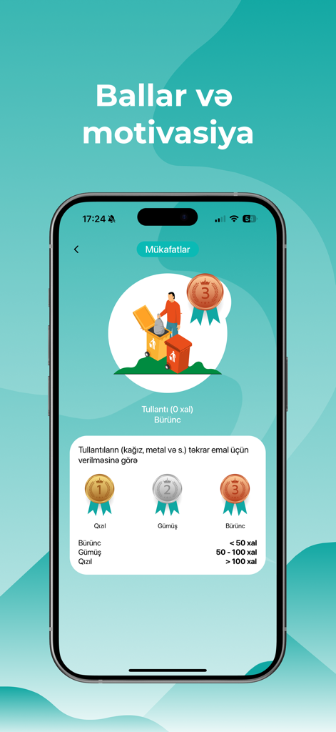 Ecotracker - Interfaz de la aplicación Ecotracker que muestra puntos, recompensas y medallas de logros por esfuerzos de reciclaje.