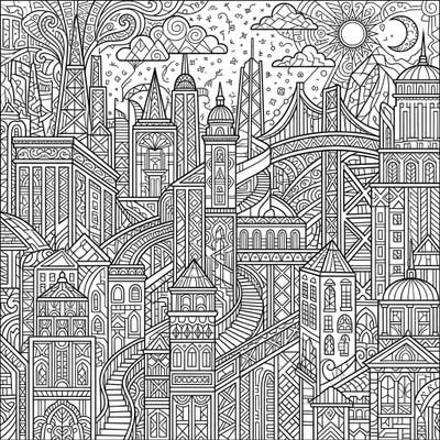 Dive into a world of complex urban design with this stunning abstract cityscape coloring page, perfect for adults. Challenge your creativity and find relaxation in its intricate patterns and architectural wonders.