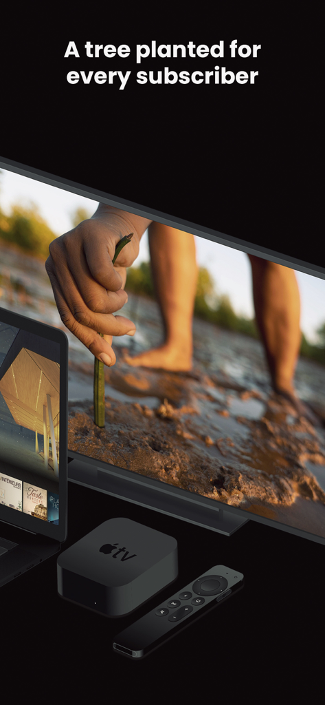 Una pantalla de televisión que muestra la plantación de un árbol con el texto: Se planta un árbol por cada suscriptor