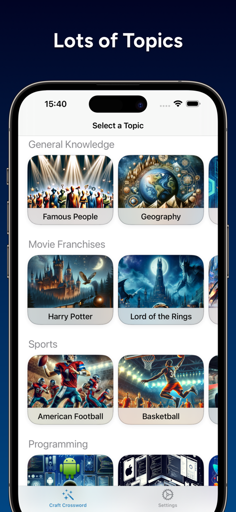 CrossCraft: Crossword Tests - Interfaz de la aplicación CrossCraft que muestra varias categorías de crucigramas como franquicias de películas y deportes