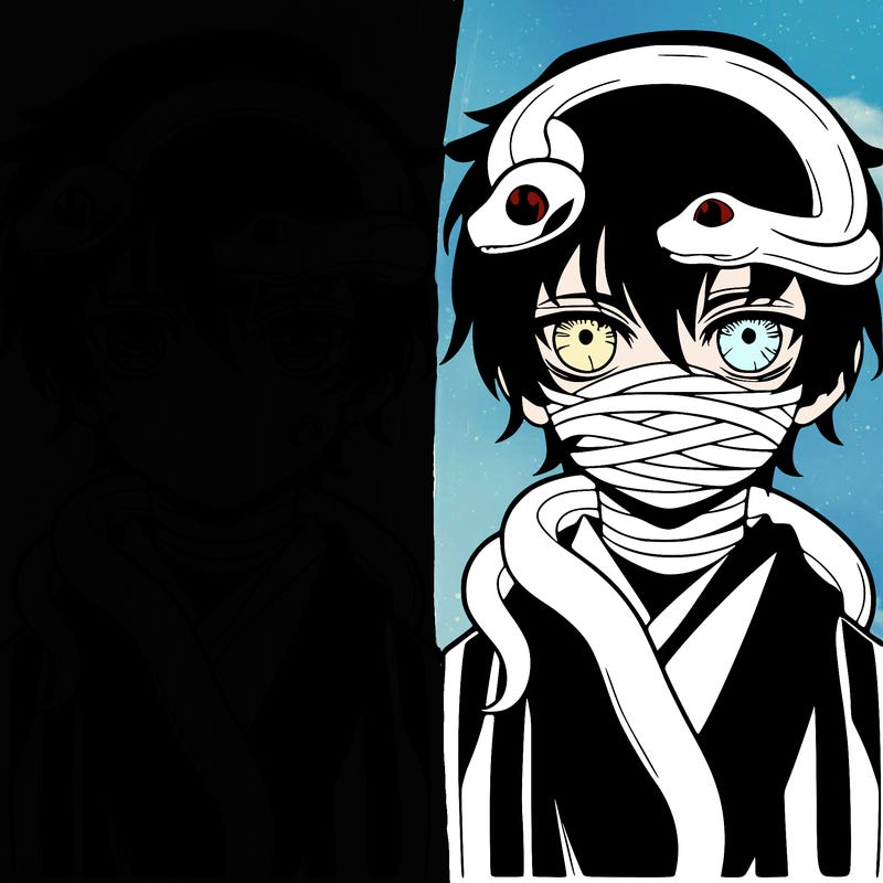 teenager boy, a white snake with red eyes around the boys neck, the boy has bandages wrapped around his mouth, the boy has two different eyes, he is wearing a black and white striped haori, black hair