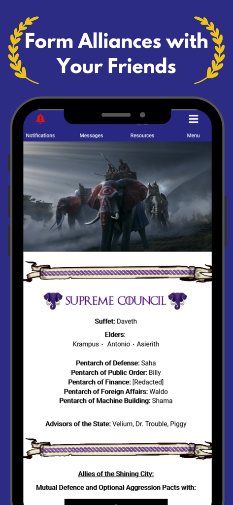 Un écran de jeu mobile montrant la hiérarchie du Conseil Suprême et des éléphants de guerre pour l'application de stratégie Politics and War.