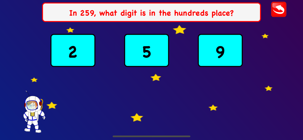 Third Grade Math Games Kids - Educational math game screen asking to identify the hundreds digit in a number with a space theme