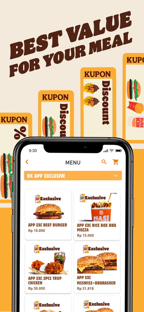 Smartphone displaying Burger King Indonesia app exclusive menu deals and discount coupons.