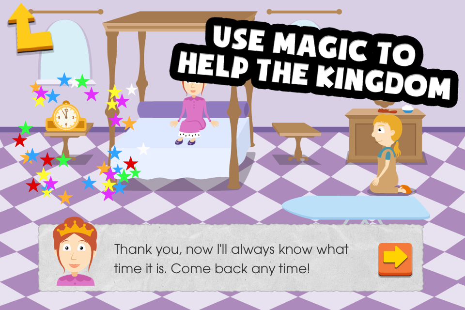 Writing Magic Letters : Kids learn to write - Screenshot of Writing Magic Letters app showing a queen in a bedroom with text about using magic to help the kingdom