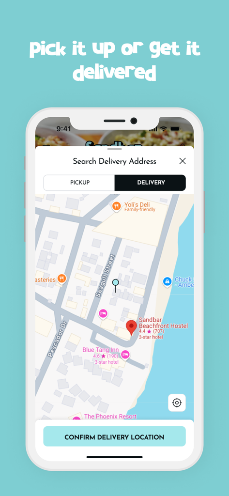 Sandbar Beachfront Hostel - Sandbar app map screen for food delivery and pickup locations