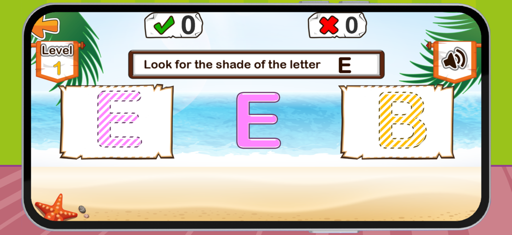 Pantalla de juego educativo que muestra una tarea de emparejamiento de letras para la letra E en un fondo de playa.