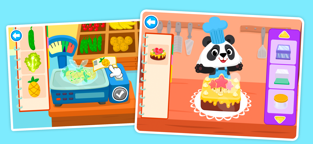 Supermarket Story - Screenshots of Supermarket Story showing a grocery scale with fruit and a panda chef decorating a cake