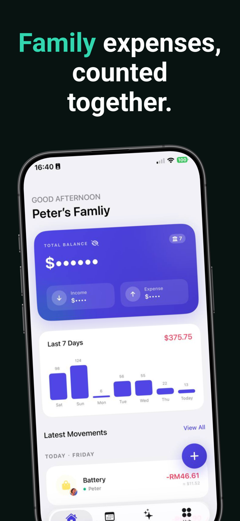 WeCount · Family Shared Budget - Panel de la aplicación WeCount mostrando gastos familiares compartidos y gráfico de barras de gastos semanales