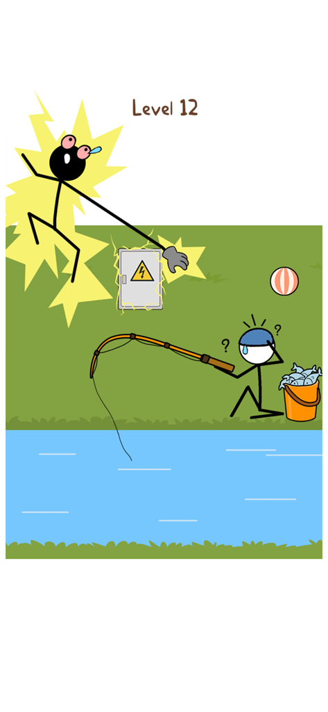 A stick figure character being electrocuted while trying to solve Level 12 in the Thief Puzzle mobile game.