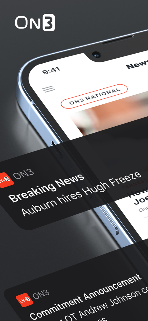 A smartphone displaying the On3 app interface with college sports breaking news and commitment notifications