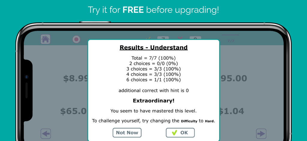 Schermata dei risultati nell'app Number Therapy Lite che mostra un punteggio perfetto e un report sui progressi per un utente