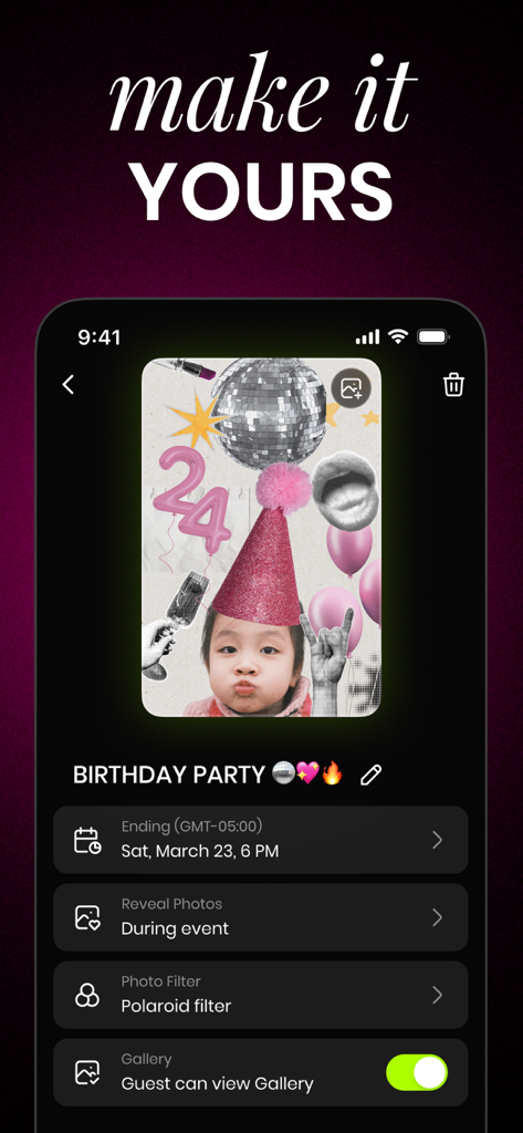 PartyCam - Disposable Camera - Interface of PartyCam app showing customization settings for a birthday party event including photo filters and gallery access