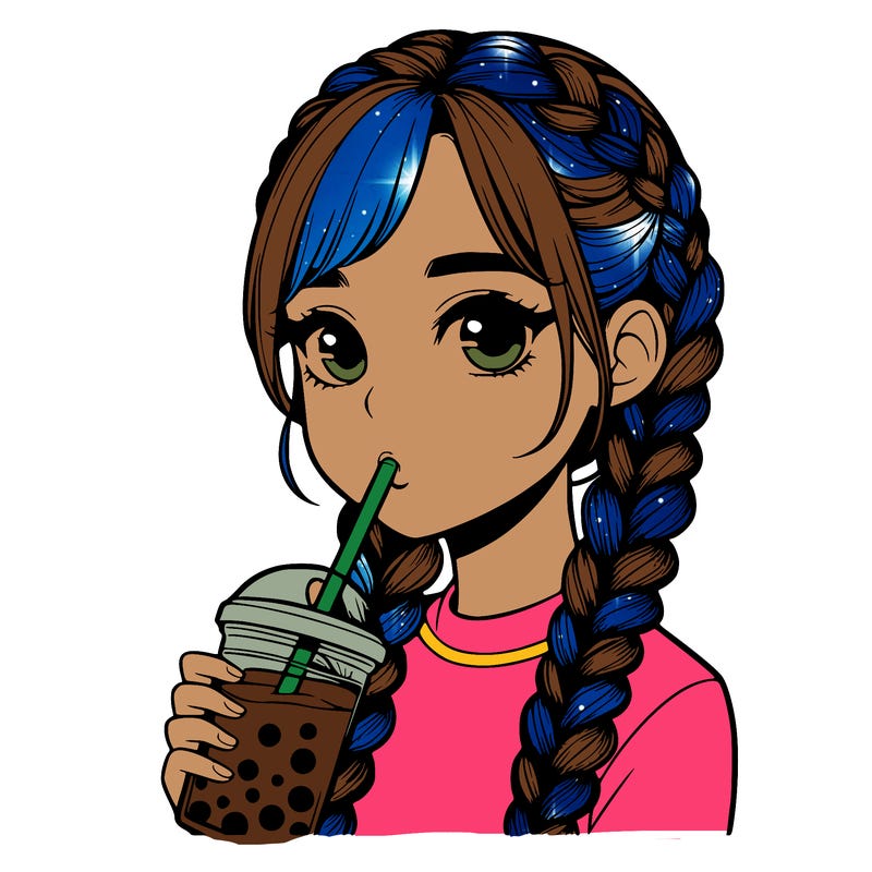 realistic girl with braided hair drinking boba