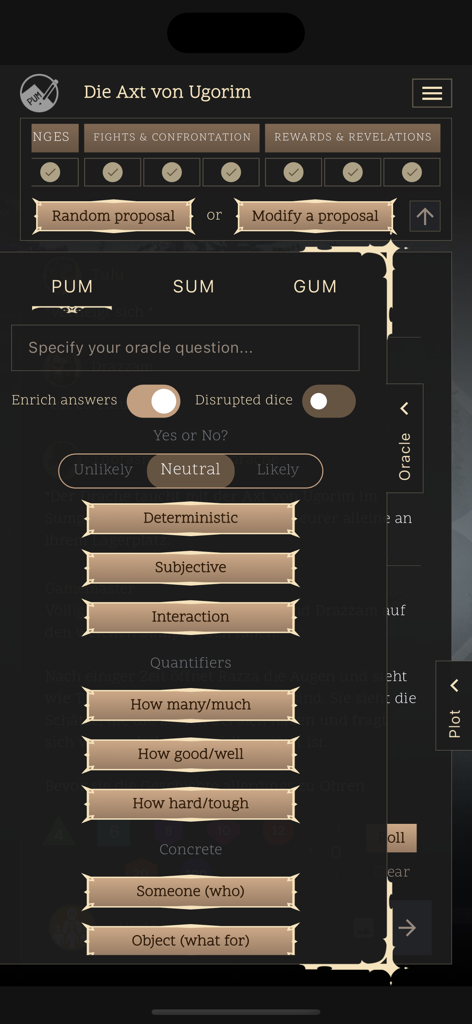 PUM Companion RPG Storytelling - Interface d'oracle interactive dans l'application PUM Companion montrant des options de narration comme des questions oui-non et des quantificateurs de personnage.