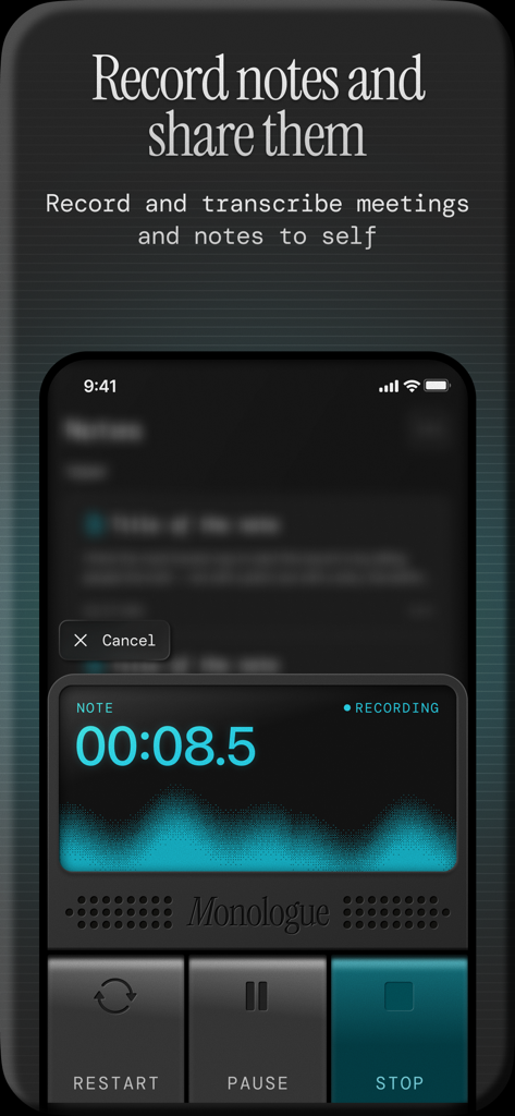 Monologue: Smart Dictation - Recording interface of the Monologue app showing a live voice transcription timer and audio waveform.