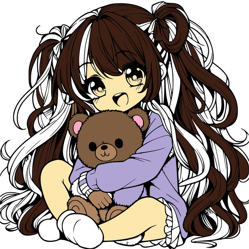 manga girl, long curly hair, happy, cuddling a teddy bear