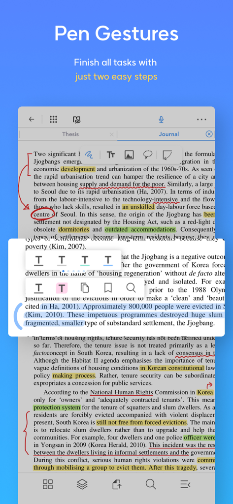 Flexcil app interface demonstrating pen gestures for highlighting and annotating a PDF document