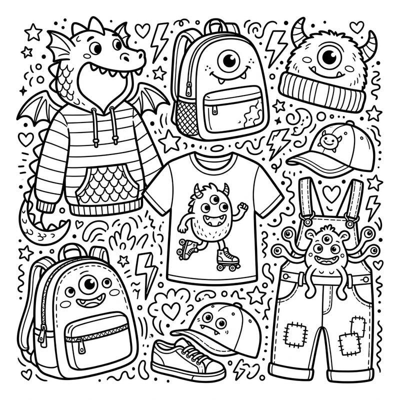 Unleash your creativity with this super fun coloring page featuring whimsical monsters integrated into children's fashion items. From dragon hoodies to monster backpacks, there's a whole wardrobe of fantasy fun waiting for your colors.