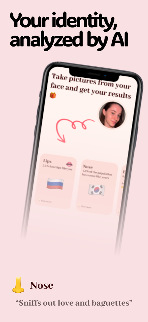 FaceMap: AI Face Comparison - Écran du smartphone affichant les résultats d'analyse IA de FaceMap pour les traits d'identité faciale comme les lèvres et le nez.