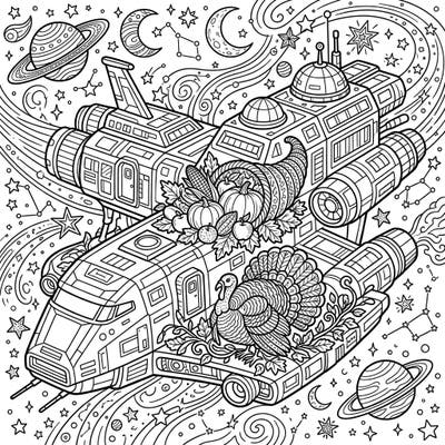 Prepare for an out-of-this-world coloring journey as a majestic colony ship embarks on a cosmic voyage, celebrating Thanksgiving with a twist. This unique design blends futuristic space travel with bountiful harvest elements, perfect for imaginative colorists of all ages.