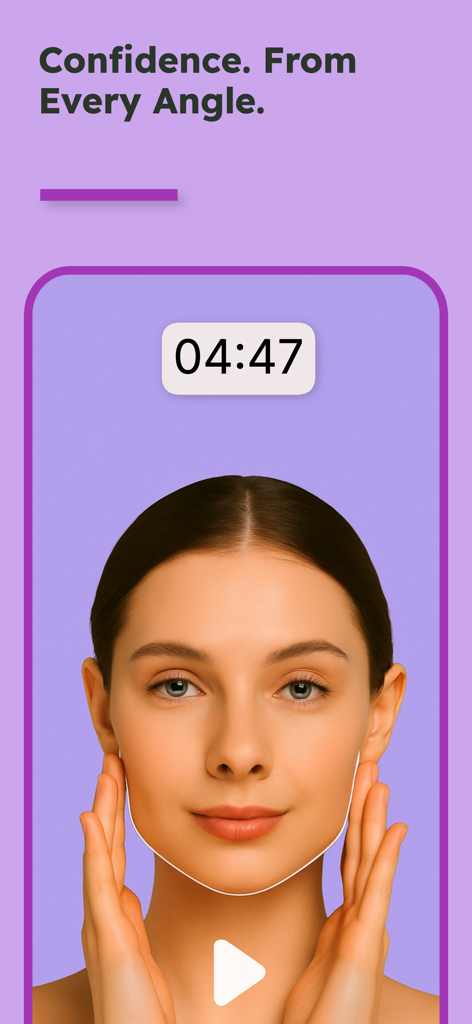 Slim Face - remove double chin - Interfaz de una aplicación de entrenamiento facial que muestra a una mujer realizando un ejercicio de esculpido de mandíbula con un temporizador