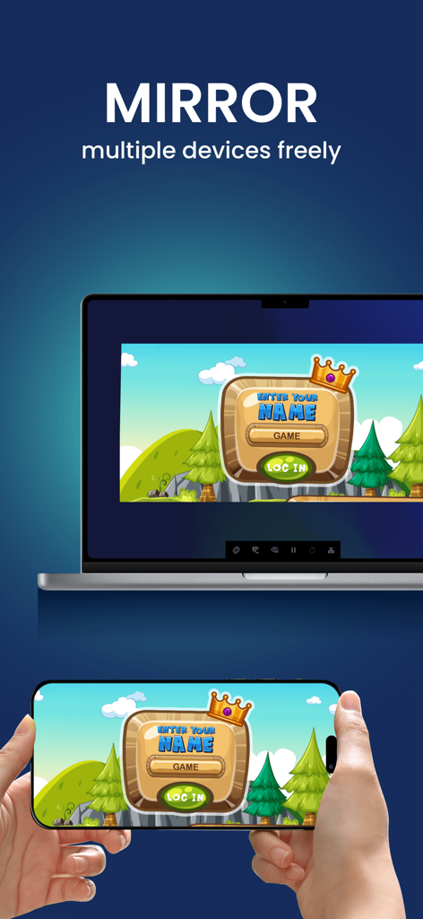 Smartphone screen mirrored onto a laptop displaying a mobile game