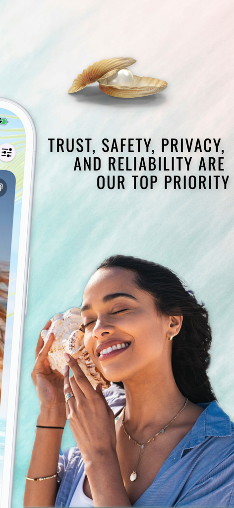 A woman smiling with a seashell next to text about trust and safety on the Lovisland dating app