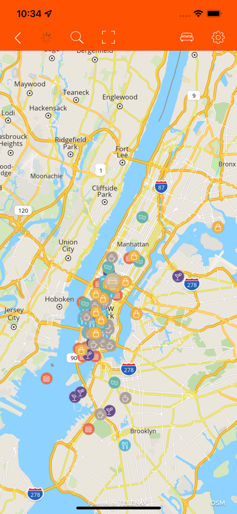MisterFly - MisterFly app map showing hotels restaurants and activities in New York City
