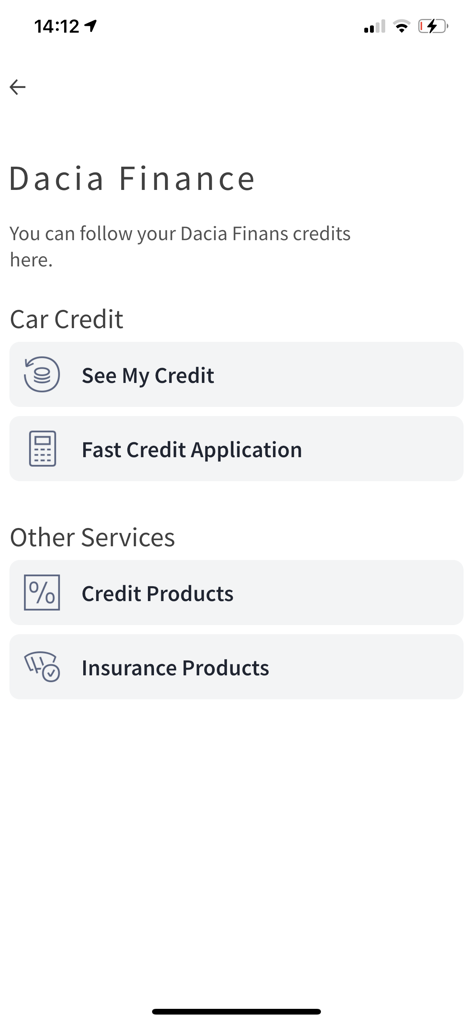 Dacia PORT app interface displaying finance and car credit options