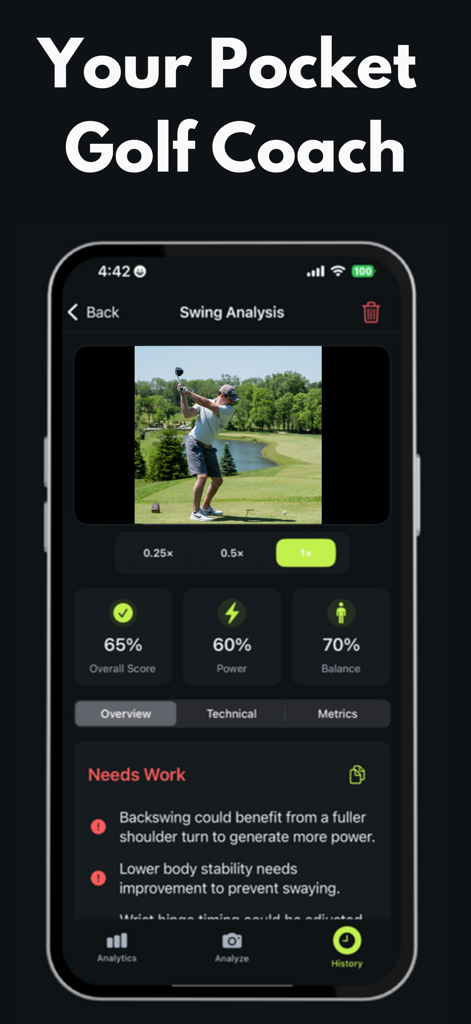 Una pantalla móvil que muestra la aplicación de golf SwingX AI con un informe de análisis de swing que incluye puntuación general, equilibrio de potencia y consejos de coaching técnico