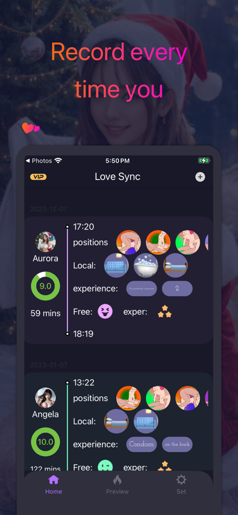 LoveSync App-Oberfläche, die eine Historie von intimen Sitzungen und Partnerprofilen zeigt.