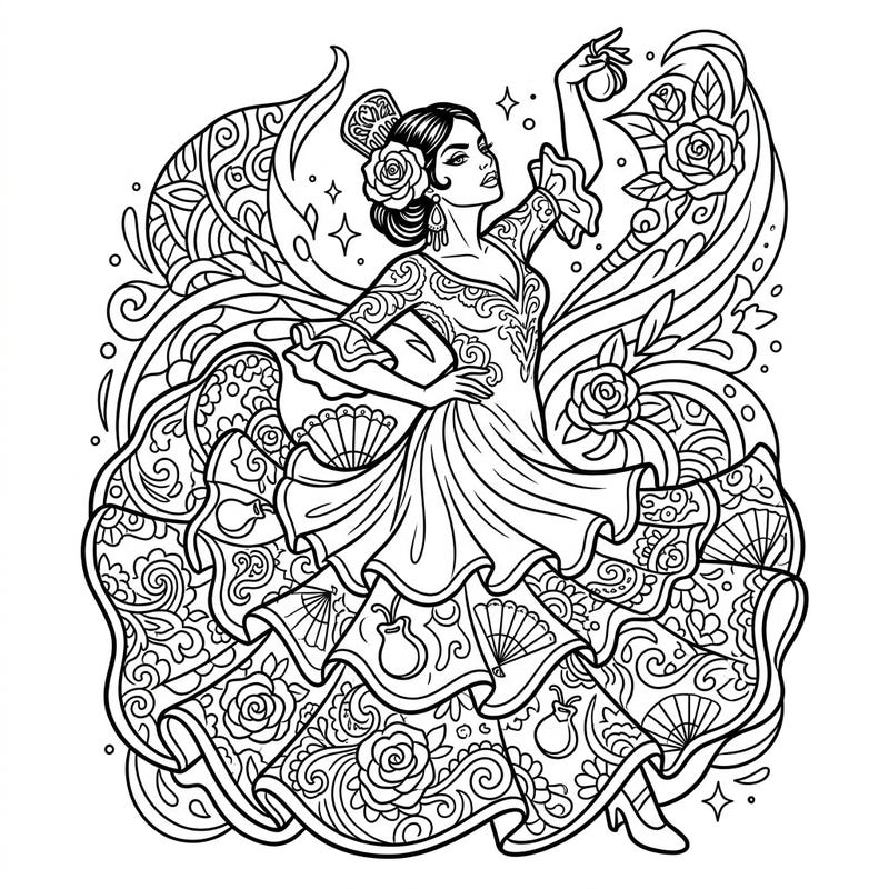 Step into the fiery world of Carmen with this captivating ballet character coloring page. Featuring a graceful flamenco dancer surrounded by roses, fans, and castanets, it's a celebration of Spanish passion.