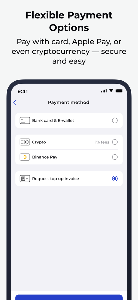 Mirai Flights app payment screen showing options for card crypto and binance pay