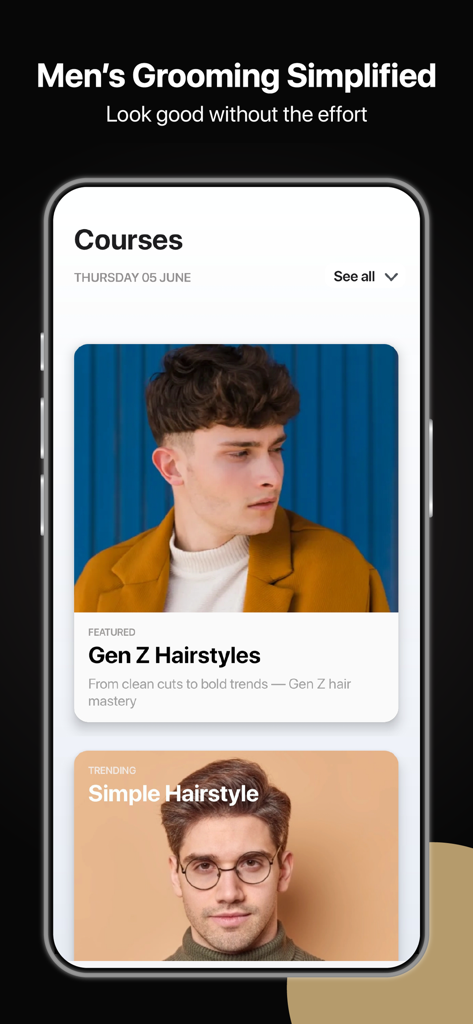 Men's Hairstyles - Face Guide - 男性のグルーミングコースとトレンドのZ世代のヘアスタイルを表示するスマートフォンの画面。