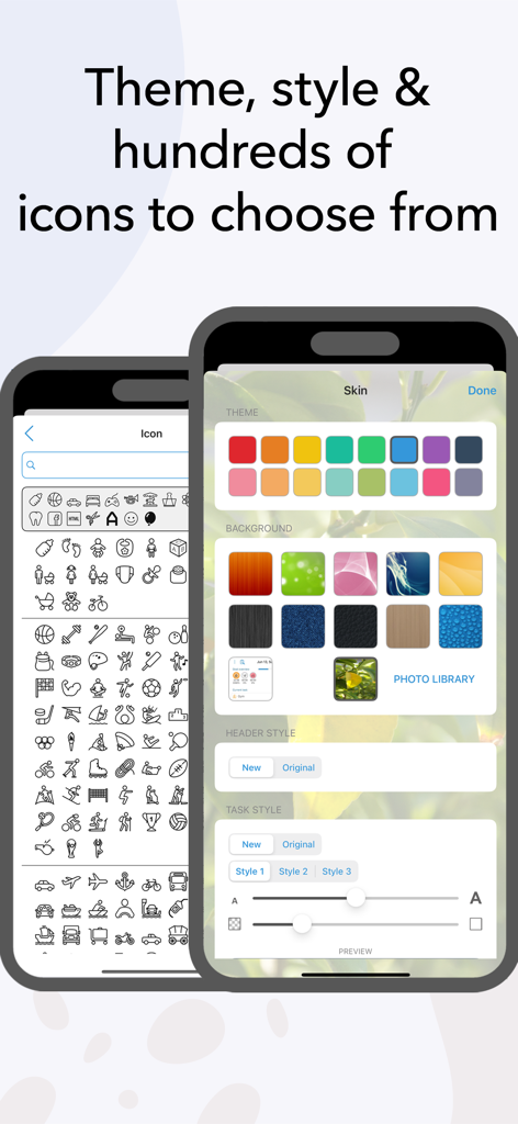ATracker app screens showing various customization options for color themes background images and a large library of task icons.