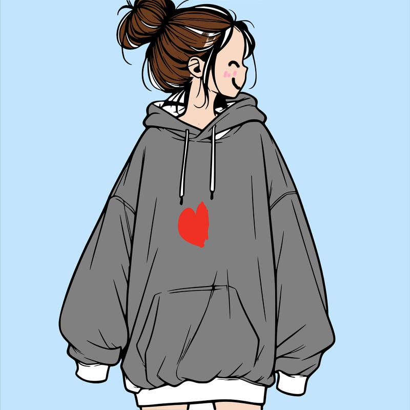 realistic girl with a oversized sweatshirt on and a bun