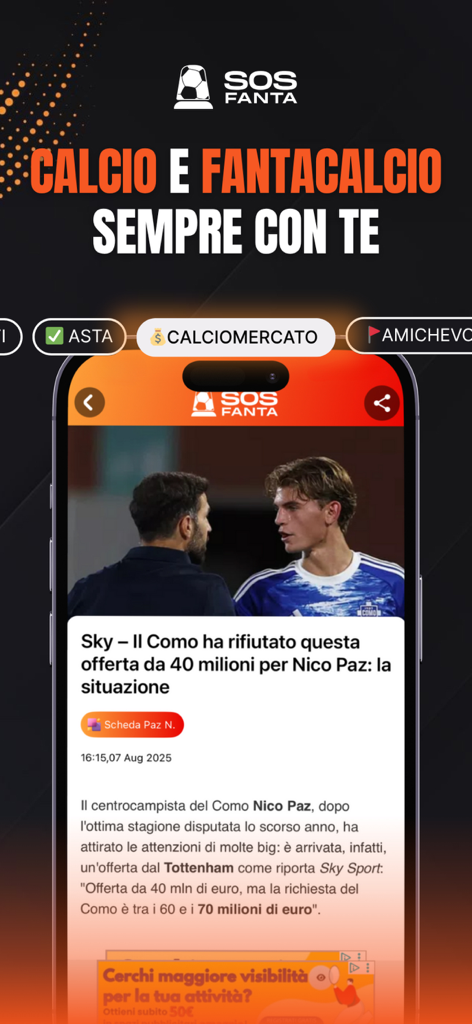 SOS Fanta -  Fantacalcio - Pantalla de la aplicación SOS Fanta que muestra un artículo de noticias de fichajes para jugadores de fútbol fantasy.