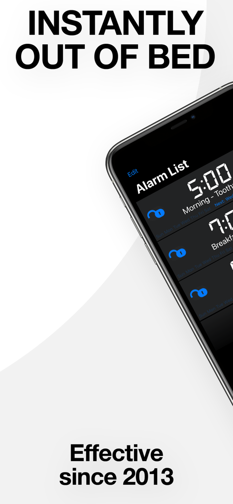 Interface do aplicativo Despertador de Código de Barras mostrando uma lista de alarmes em um smartphone com o texto 'Instantaneamente Fora da Cama' (Instantly Out of Bed)