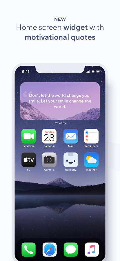 山の美しい景色を背景に、モチベーショナルな引用が含まれたReflectlyウィジェットが表示されているiPhoneのホーム画面。