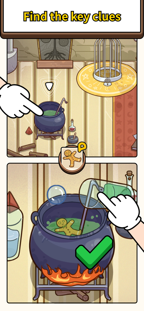 Juego de Case Hunter que muestra una mano sacando una pista de hombre de jengibre de un caldero con una marca de verificación verde