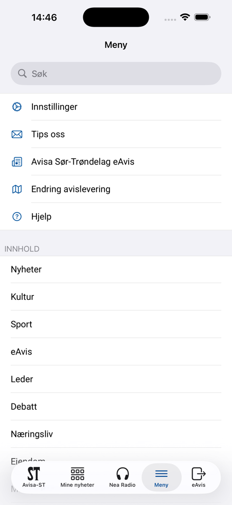 Avisa-ST Nyheter - Interface do menu do aplicativo Avisa-ST Nyheter mostrando categorias de notícias e configurações