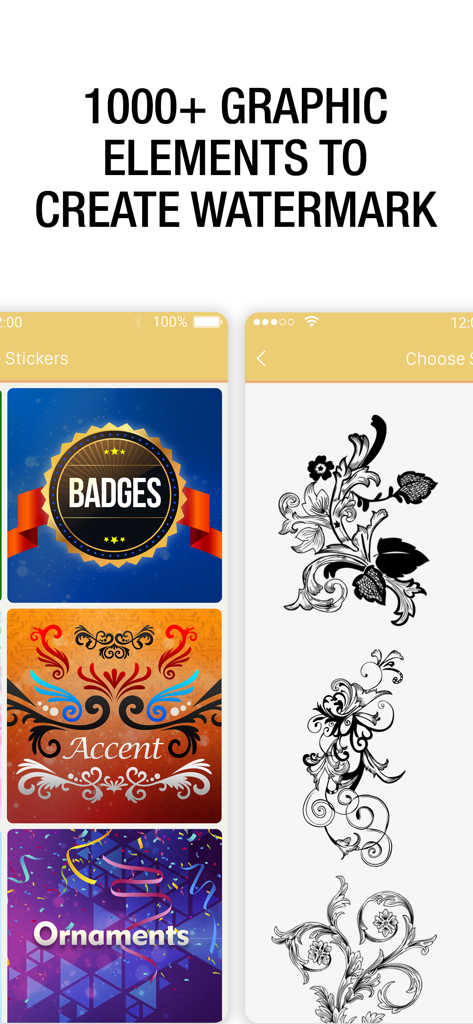 Watermark Maker: Add Signature - App screen showing a library of over 1000 graphic elements including badges and ornaments for creating custom watermarks.
